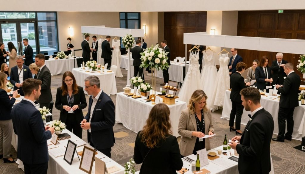 A modern wedding venue bustling with activity, showcasing a vibrant wedding fair in the foreground. In professional business attire, diverse couples explore various wedding services, discussing options with friendly vendors at beautifully decorated booths. The middle ground features elegantly set tables adorned with floral arrangements, catering displays, and wedding attire. In the background, soft, warm lighting filters through large windows, highlighting the grandeur of the venue. The atmosphere is lively and optimistic, conveying the economic significance of the wedding industry and its impact on the hospitality sector, with subtle hints of collaboration and celebration. The scene is captured with a wide-angle lens, ensuring depth and vibrancy, with a focus on conveying community engagement and industry growth. A modern wedding venue bustling with activity, showcasing a vibrant wedding fair in the foreground. In professional business attire, diverse couples explore various wedding services, discussing options with friendly vendors at beautifully decorated booths. The middle ground features elegantly set tables adorned with floral arrangements, catering displays, and wedding attire. In the background, soft, warm lighting filters through large windows, highlighting the grandeur of the venue. The atmosphere is lively and optimistic, conveying the economic significance of the wedding industry and its impact on the hospitality sector, with subtle hints of collaboration and celebration. The scene is captured with a wide-angle lens, ensuring depth and vibrancy, with a focus on conveying community engagement and industry growth.